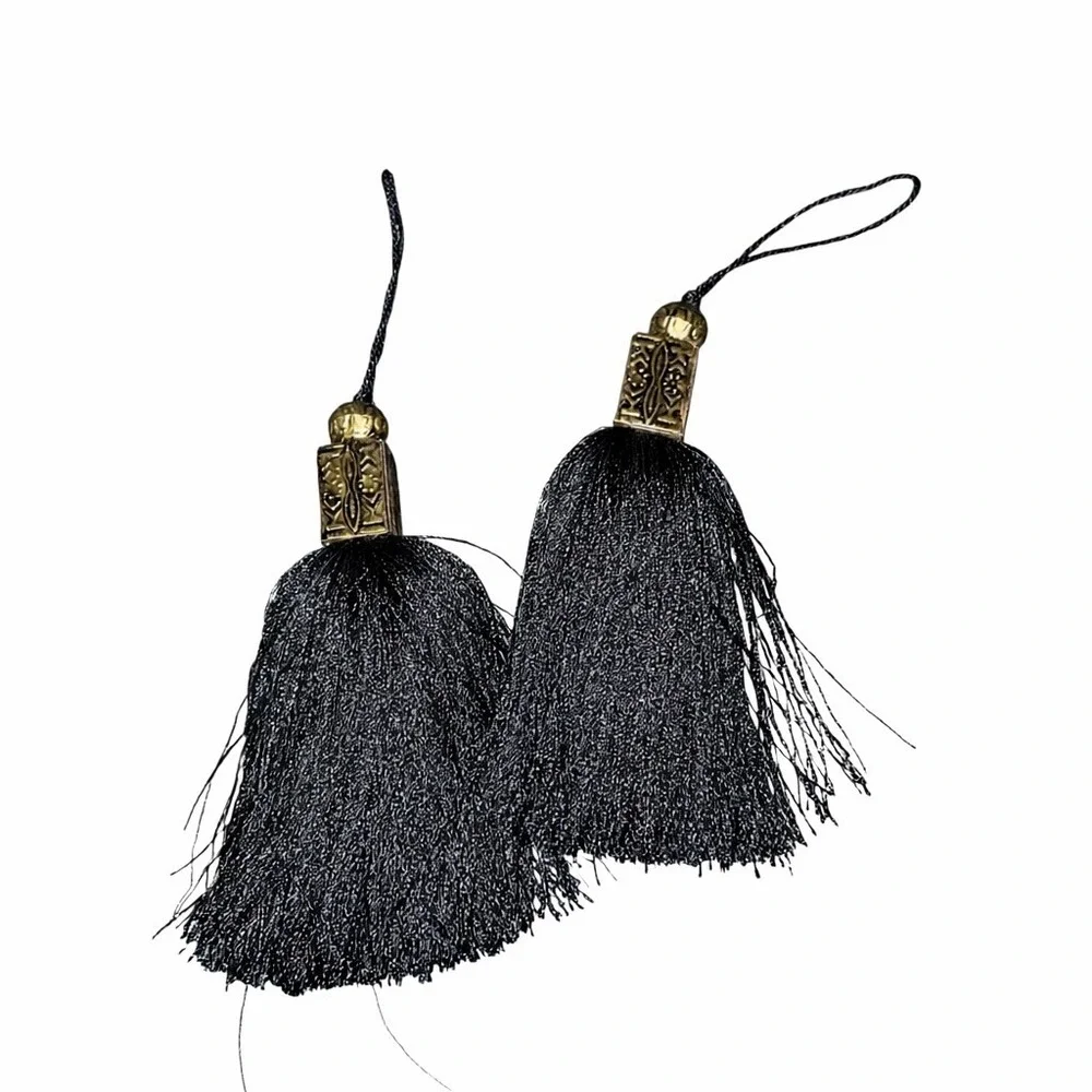 Vintage Black‎ Tassel Pair Brass Caps Gothic Victorian Decor Trim